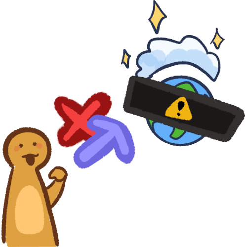 A person pointing to themselves with a blue arrow pointing to an earth with a cloud and stars hanging over it. The earth is covered by a censor bar containing a hazard sign. Behind the blue arrow is a red X.